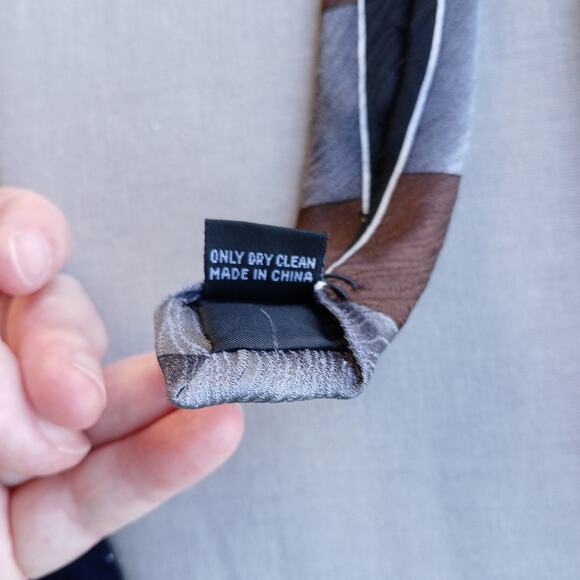 Vintage Y2K Silk Neck Tie geometric grey ribbon brown cream black wood texture - Picture 9 of 14